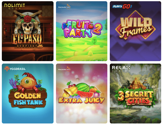 3 reel games (El Paso, Fruit Party 2, Wild Frames, Golden fish tanks, Extra juicy, 3 Secret cities)
